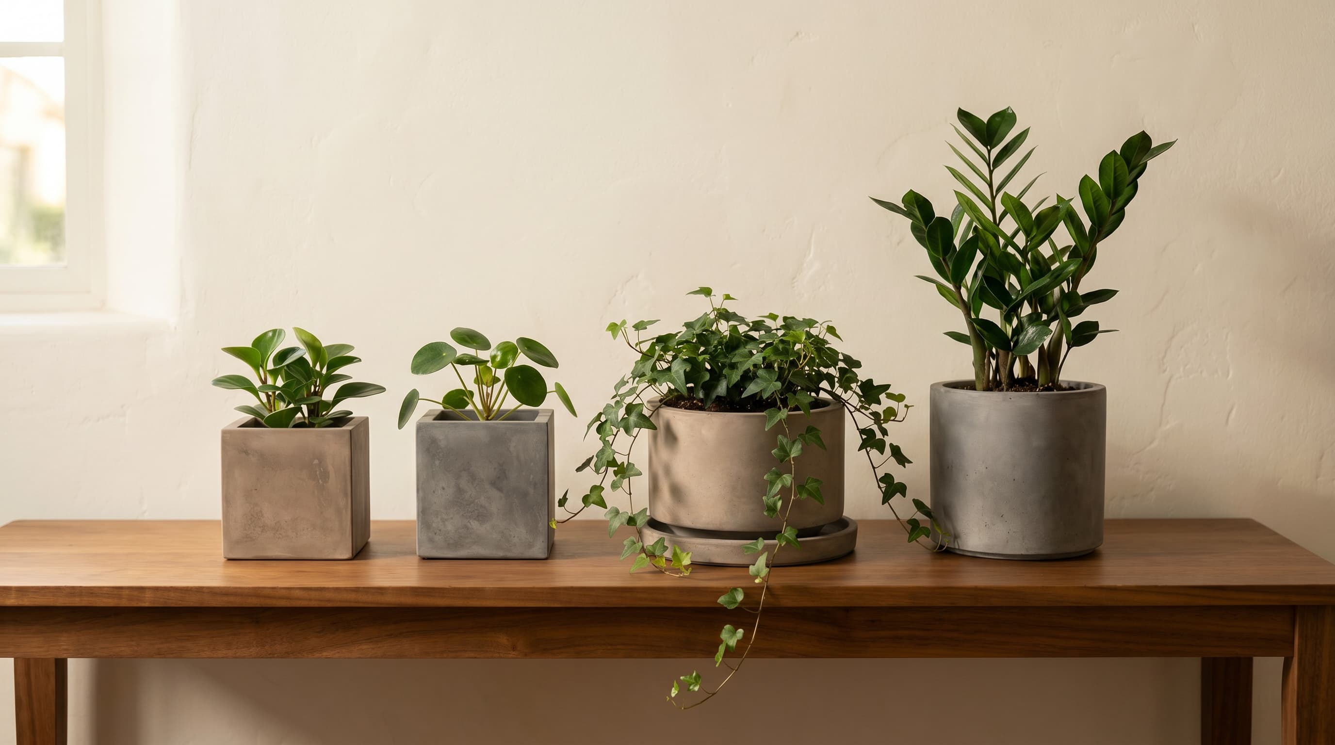 Four Living Form vessels with houseplants on a warm-wood console in a quiet Mediterranean living room