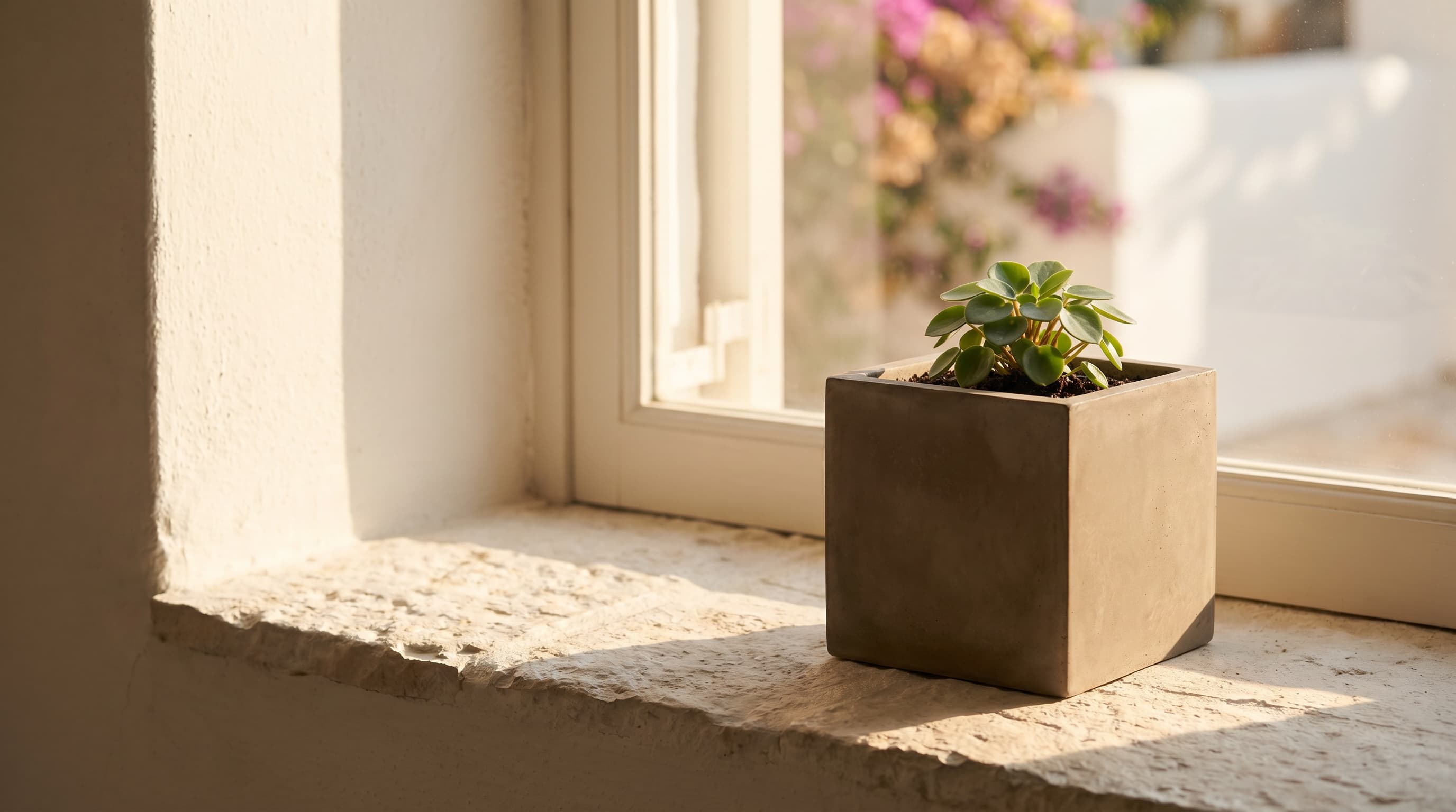 A Living Form taupe cube with a young plant on a sunlit Cyprus windowsill